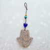 Beige Toffee Ceramic Hamsa with Aqua and Dark Blue Bursts